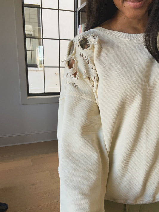 Pastel Yellow Cozy Distressed Cotton Sweatshirt.